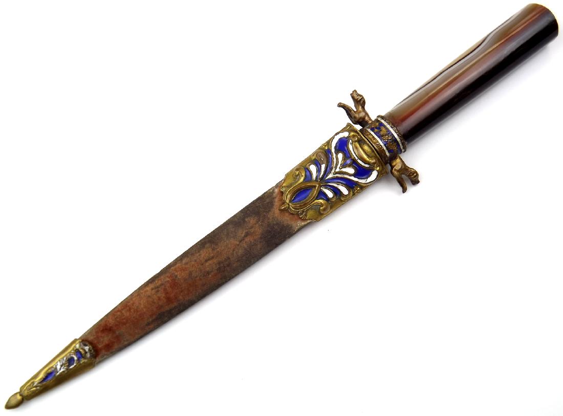Fine 19th C. Russian/French Nobleman's Hunting Dagger: Fine 19th C. Russian/French Nobleman's Hunting Dagger Knife, Agate Grip & Enamel. Beautiful and very ornate example of the hunting dagger owned by a wealthy and noble person in the mid to late 1800s a