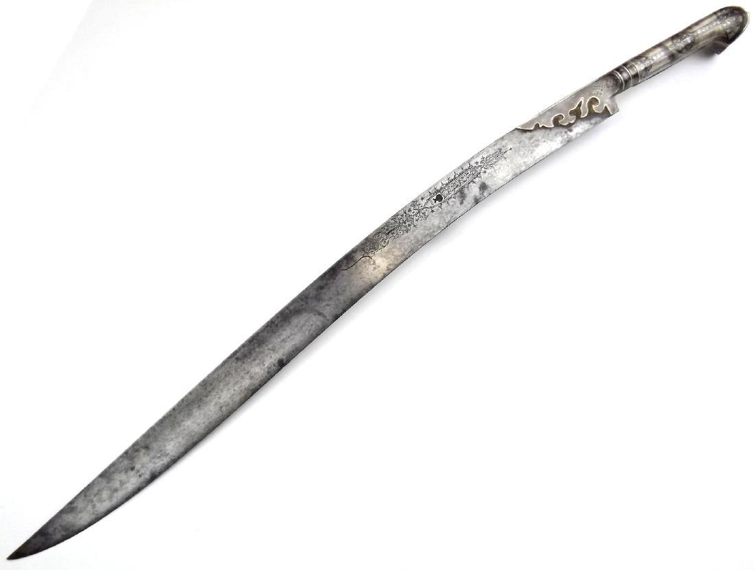 18th C. Dated 1204=1789 Ottoman Turkish or Greek: 18th C. Dated 1204=1789 Ottoman Turkish or Greek YATAGAN Sword in Niello Silver Mounts. Early example of fine quality with Niello enamel decorations to its silver grips, recurved blade of traditional 
