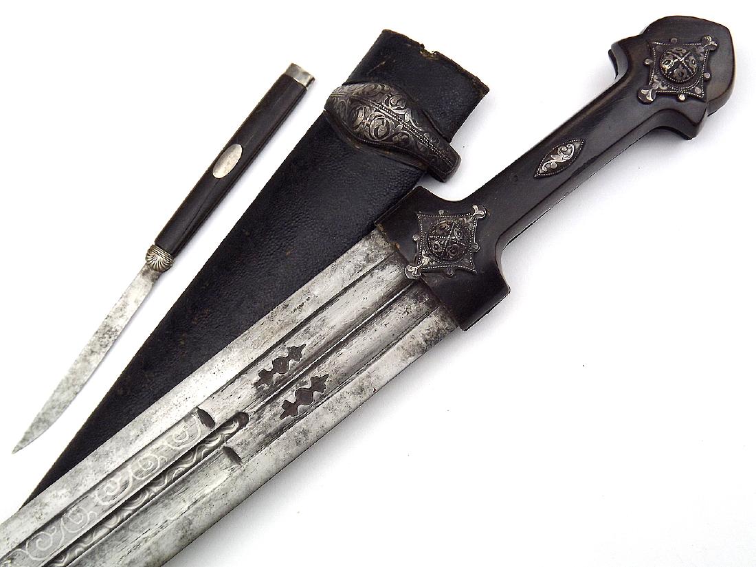 Very Large 19th C. Silver Inlaid Russian Caucasian: Very Large 19th C. Silver Inlaid Russian Caucasian KINJAL Dagger - SwordA massive example with a long broad double edged blade of complex multi fullered structure different on each side, both sides sh