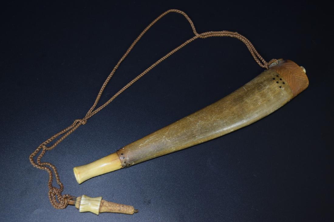 18-19th C. Islamic Horn Powder Flask: 18-19th C. Islamic Horn Powder flask. Copper chain and mounts. Length - 11".