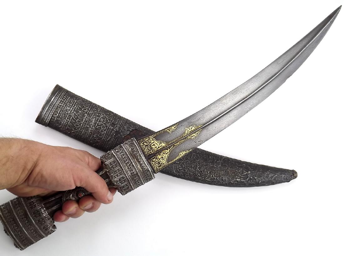 18th - 19th C. Large Silver Mounted Ottoman Turkish: 18th - 19th C. Large Silver Mounted Ottoman Turkish Wootz Damascus JAMBIYA Dagger with Fine Gold Work. A massive example of better than average quality with fine silver work to hilt and scabbard. With