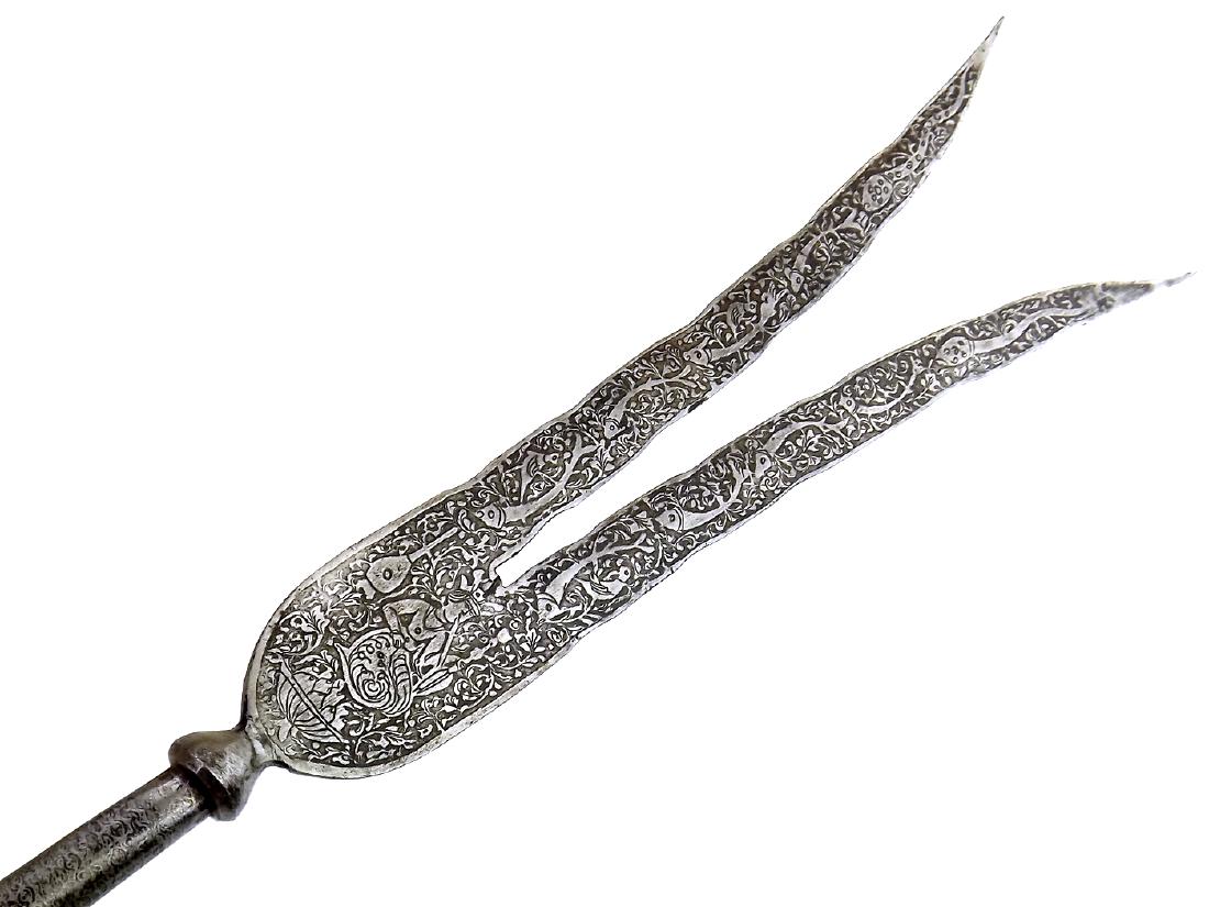 19th C. Persian Islamic Qajar Dynasty Fork Head Spear: 19th C. Persian Islamic Qajar Dynasty Fork Head Spear Lance. With a fork shaped head having its entire surface etched with Persian motifs. Other side with a long forged steel lance spike head. Wooden 
