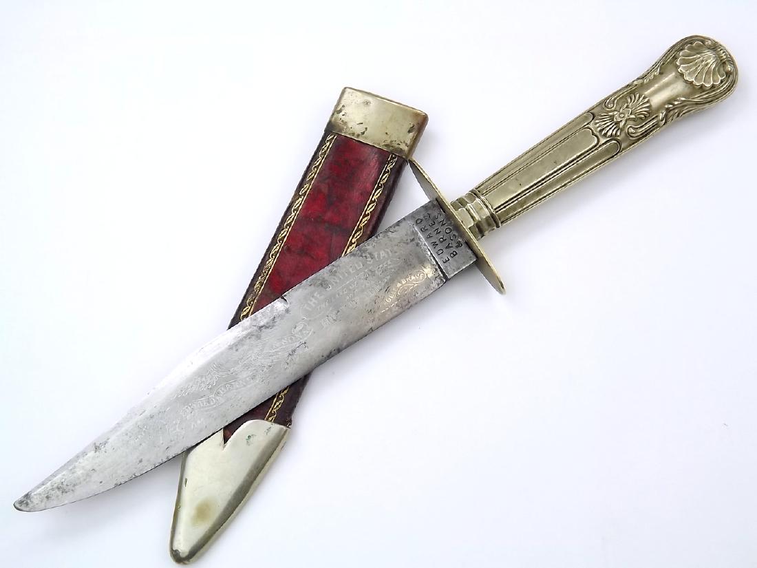 American Civil War Era English Etched Bowie Knife by: American Civil War Era English Etched Bowie Knife by "Edward Barnes & Sons". In its German silver mounts with a clip-point blade having one side fully etched with a large American spread wing eagle ov