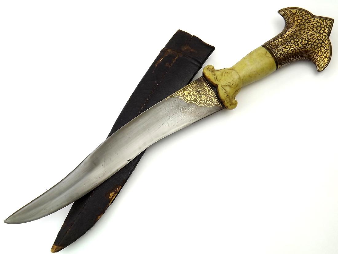 19th C. Indian KANJAR Dagger with Carved Jade Stone and: 19th C. Indian KANJAR Dagger with Carved Jade Stone and Gold Inlaid Hilt. A very attractive large dagger with a robust single edge d blade of re-curved form. Damascene with gold work at the forte. Wit