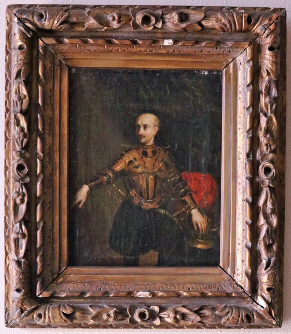 16th-17th C. Period Oil Painting of a Nobleman in Fancy: 16th-17th C. Period Oil Painting of a Nobleman in Fancy Armor with Rapier Sword & Dagger. Very old period Oil on Canvas portrait probably made life off of a posing person. According to the high level 
