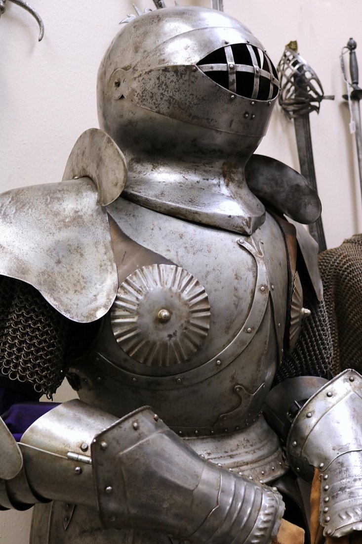 Rare 16th C. Style German or English Jousting Armor: Rare 16th C. Style German or English Jousting Knight's Suit of Armor.Very good Victorian example of rare style well wrought of very heavy gauge steel with fully articulated parts and a very cool large