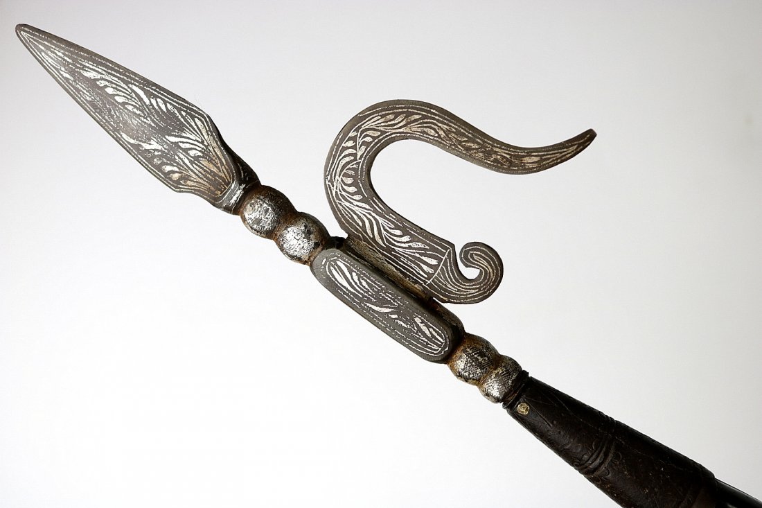 Unusual 19th C. Indian Long Shafted ANKUS Dagger Spear: A very nice and seldom encountered example of the Indian elephant steering device "Ankus", this one is mounted on very ornate long wooden shaft with lovely painted decorations. The Ankus head is well 