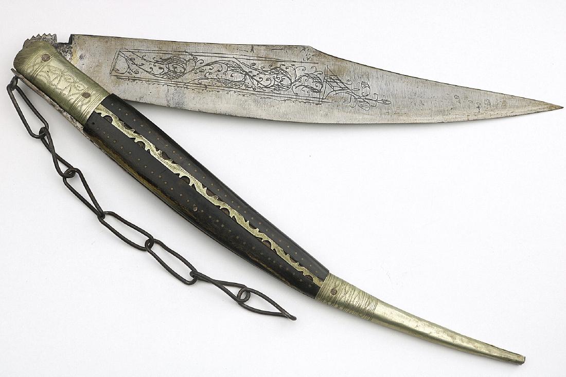 Very Large 19th C. Spanish "Navaja" Folding Knife: Very Large 19th C. Spanish "Navaja" Folding Knife Dagger with Inscribed Blade. Total length (inside scabbard if present) : 17". Blade length : 13". Dear Bidders, please note, the detailed description