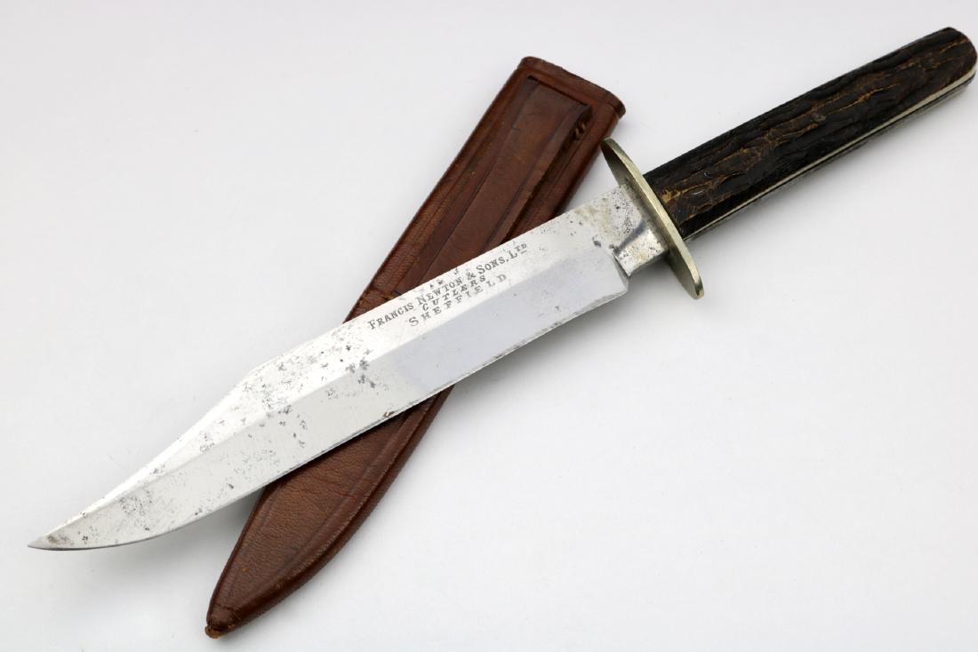 Mid to late 1800s English/American Bowie Knife by ": Mid to late 1800s English/American Bowie Knife by " Francis Newton & Sons, Sheffield". Total length (inside scabbard if present) : 11 1/2", Blade length : 7 1/4". Dear Bidders, please note, the detail