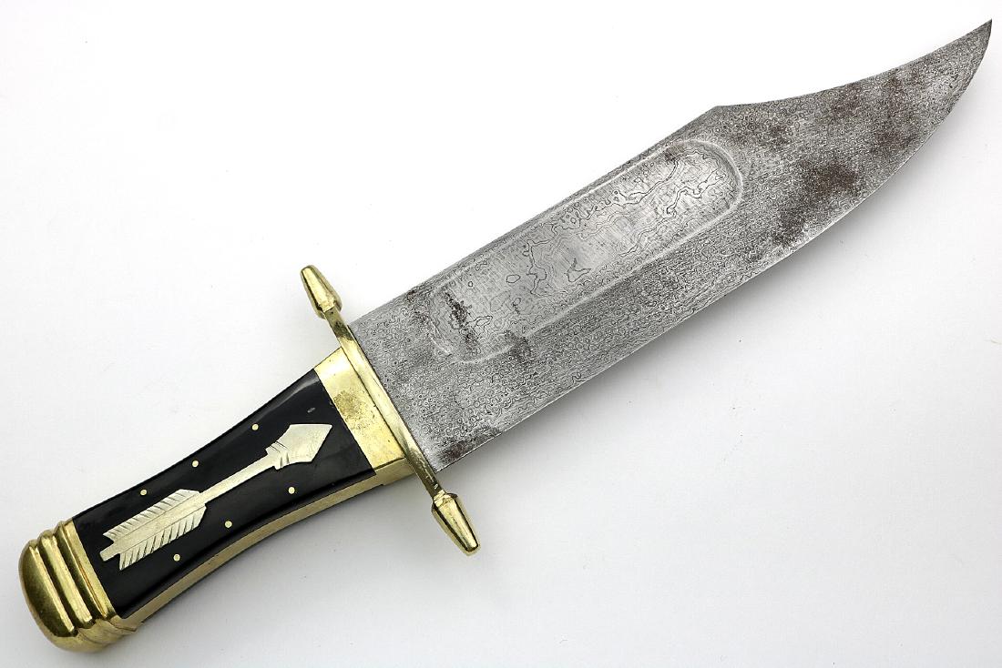 Massive Huge Exhibition Grade Bowie Knife with: Massive Huge Exhibition Grade Bowie Knife with Super-Powerful Damascus Steel Blade & German Silver mounts. Total length (inside scabbard if present) : 18 1/4", Blade length : 12", Blade width : 3". De