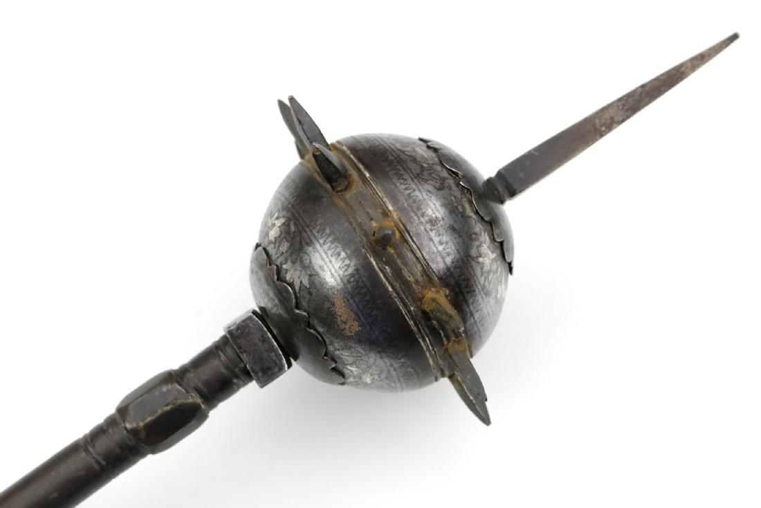 Vicious 19th C. Indian or Persian Fighting Mace with: Vicious 19th C. Indian or Persian Fighting Mace with Silver Damascene Decorations.Total length (inside scabbard if present) : 30 1/4". Dear Bidders, please note, the detailed description of the item w