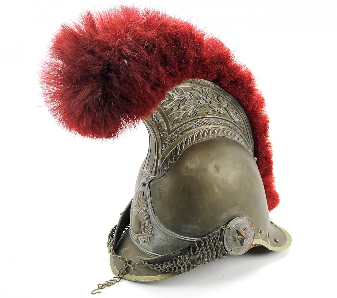 Beautiful 1856 dated French Dragoon or Grenadier Helmet: Beautiful 1856 dated French Dragoon or Grenadier Helmet, with red horse hair top and a flaming grenade to the front. Well marked and dated on the back.