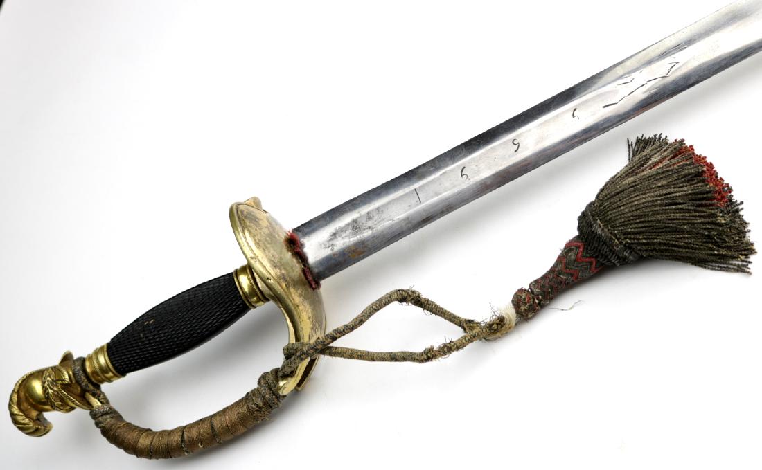 Interesting 18th C. English or French Officer's Rapier: Interesting 18th C. English or French Officer's Rapier Sword with 1696 Dated German Blade. Total Length (inside scabbard if present) : 40 3/4", Blade Length : 34". Provenance : Houston TX Private Coll