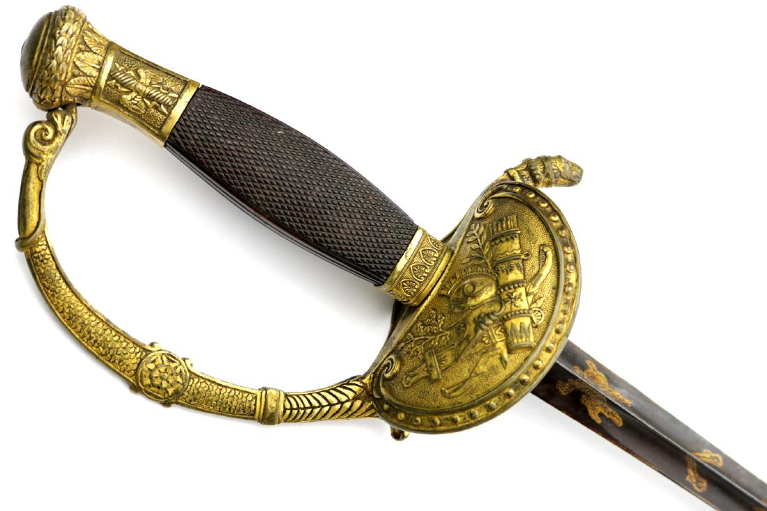 Attractive French Napoleonic era Officer's Rapier Sword: Attractive French Napoleonic era Officer's Rapier Sword with Lovely Details and Gold Gilt finish. Total Length (inside scabbard if present) - 38 3/4". Blade Length - 33 1/2". Provenance : Houston TX P