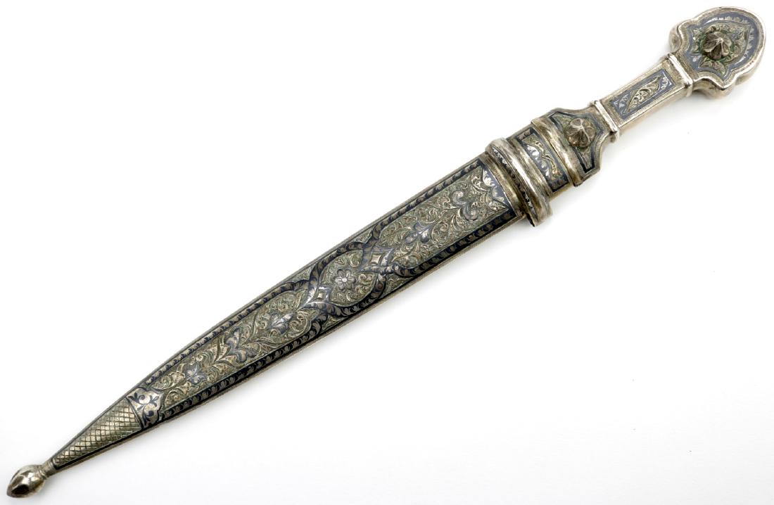 Very Ornate Russian Caucasian KINJAL Dagger in: Very Ornate Russian Caucasian KINJAL Dagger in Beautiful Niello Silver Mounts. Total Length (inside scabbard if present) - 16", Blade Length - 9 1/2"