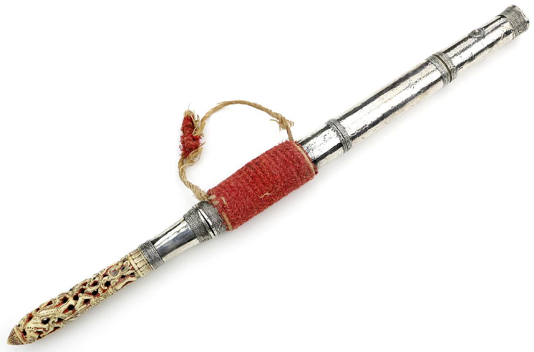 Very Good 19th C. Asian Burmese DHA Dagger with Silver: Very Good 19th C. Asian Burmese DHA Dagger with Silver Mounts and Fine Carved Grip. Total Length (inside scabbard if present) - 16 1/2", Blade Length - 9 1/2"