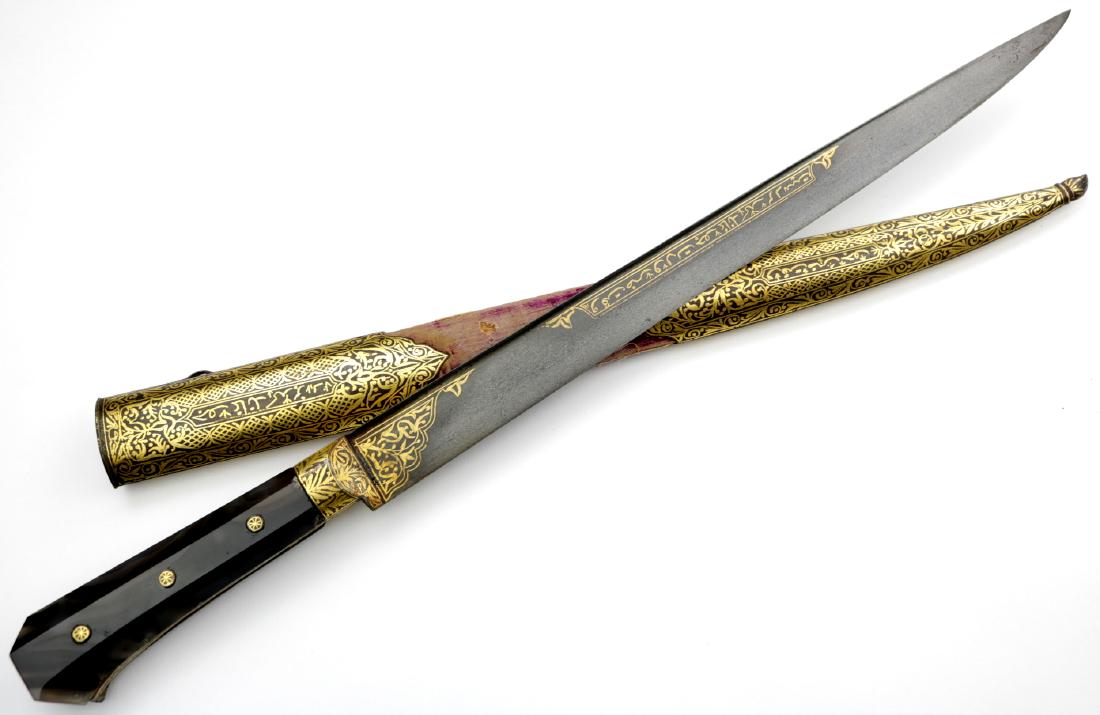 Outstanding & Rare 18th-19th C. Islamic Turkish Woots: Outstanding & Rare 18th-19th C. Islamic Turkish Woots Damascus YATAGAN / BICHAK Dagger Sword with Agate Stone Grips. Total Length (inside scabbard if present) - 21 1/4", Blade Length - 14"