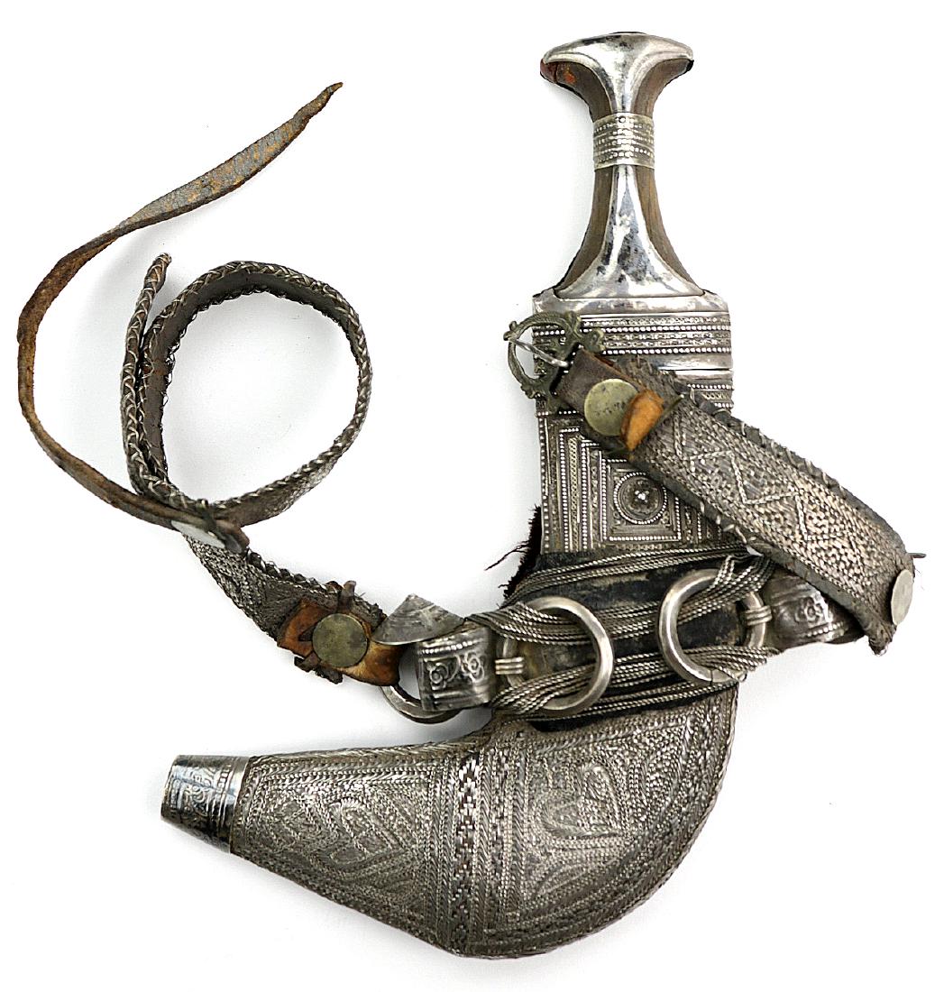 Fine 19th C. Silver Mounted Islamic Arabic Arab JAMBIYA: Fine 19th C. Silver Mounted Islamic Arabic Arab JAMBIYA Dagger with Original Silver Belt. Total Length (inside scabbard if present) : 12 1/2", Blade Length : 6 3/4"