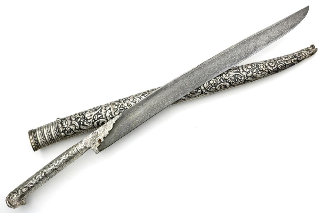 Rare 18th-19th C. Islamic Ottoman Silver Mounted: Rare 18th-19th C. Islamic Ottoman Silver Mounted YATAGAN Dagger with Fine "Turkish Ribbon" Damascus Blade. Total Length (inside scabbard if present) - 21 1/4", Blade Length - 14"