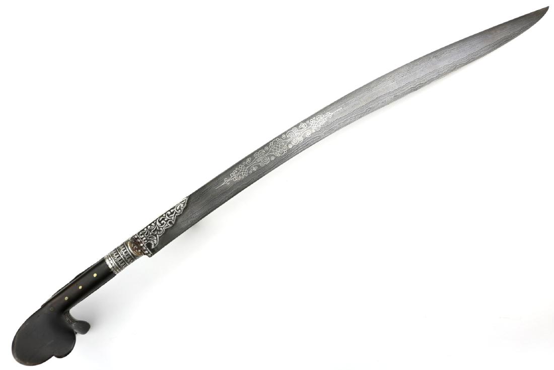 Fine Quality 18th-19th C. Silver Mounted Islamic: Fine Quality 18th-19th C. Silver Mounted Islamic Turkish YATAGAN Sword with Damascus Blade. Total Length (inside scabbard if present) : 30", Blade Length : 24"