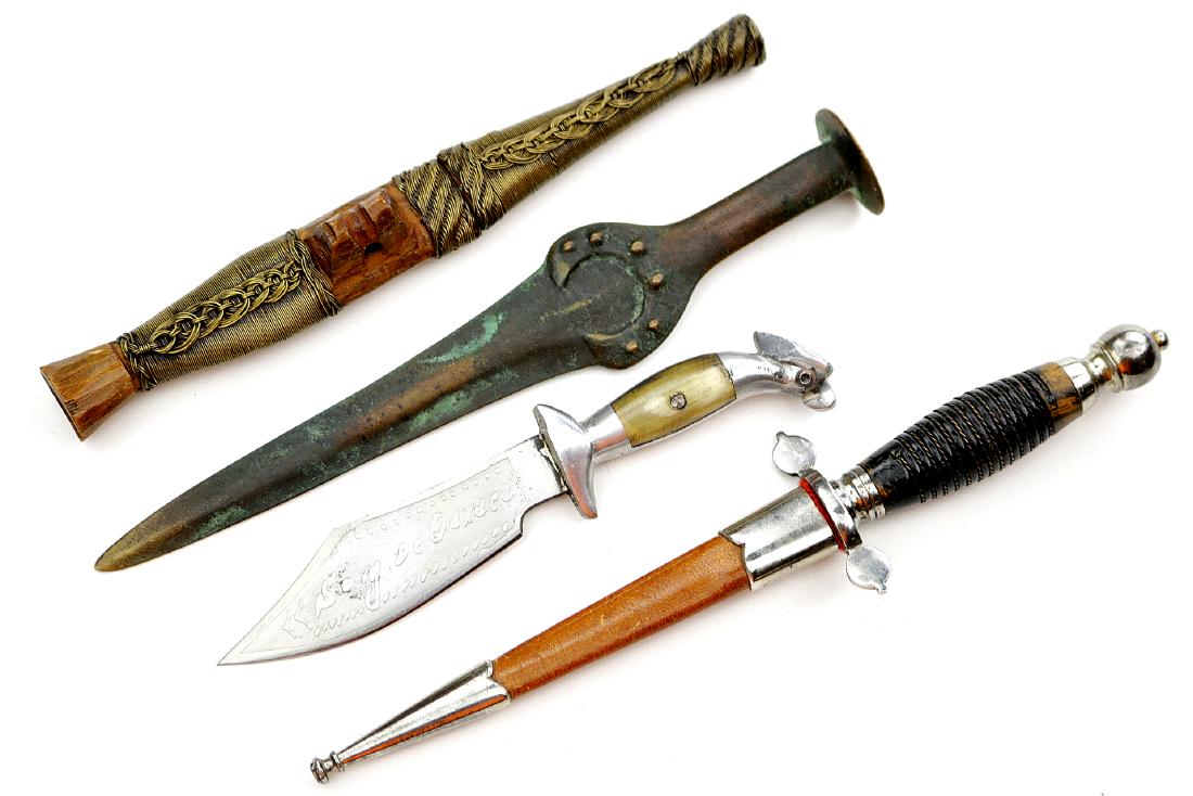 Lot of 4 Miscellaneous Vintage & Antique Knives: Lot of 4 Miscellaneous Vintage & Antique Knives including a Mexican Knife, Spanish, African and Bronze Luristan Dagger. Total Length (inside scabbard if present) - The Longest Dagger is 7 1/2" with a 