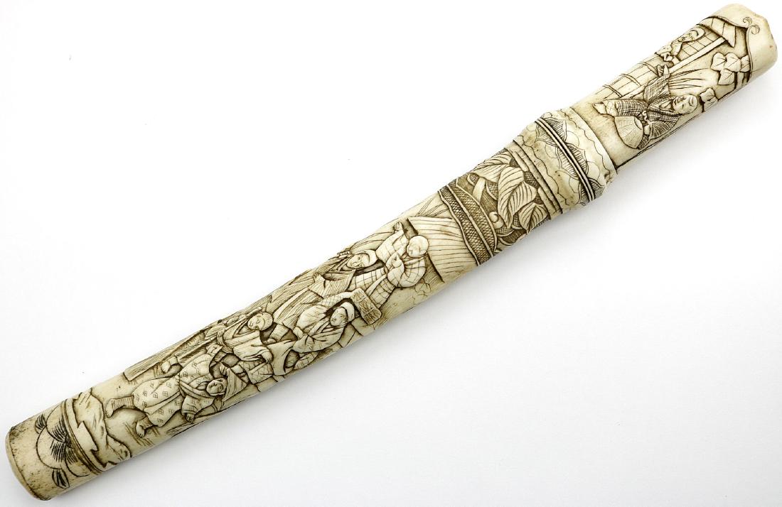 Fine Quality MeiJi era Japanese TANTO Dagger in: Fine Quality MeiJi era Japanese TANTO Dagger in Intricately Carved Bone Mounts. Total Length in Scabbard - 13 1/2", Blade Length (along the spine, from Habaki notch to the tip) - 8 1/2"