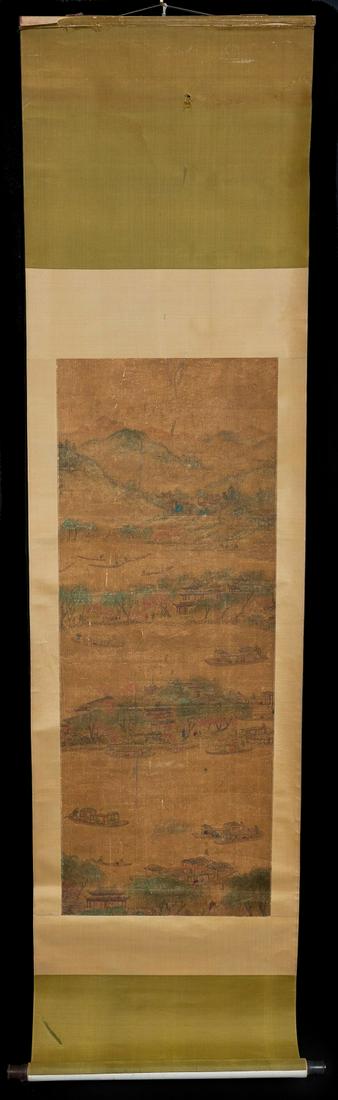 Chinese antique watercolor painted scroll on silk: Chinese antique watercolor painted scroll on silk. Depicting the views of the West Lake. Attr. Tang Yin ( 1470 - 1524). Site: 17 1/4"W x 45 3/4"H