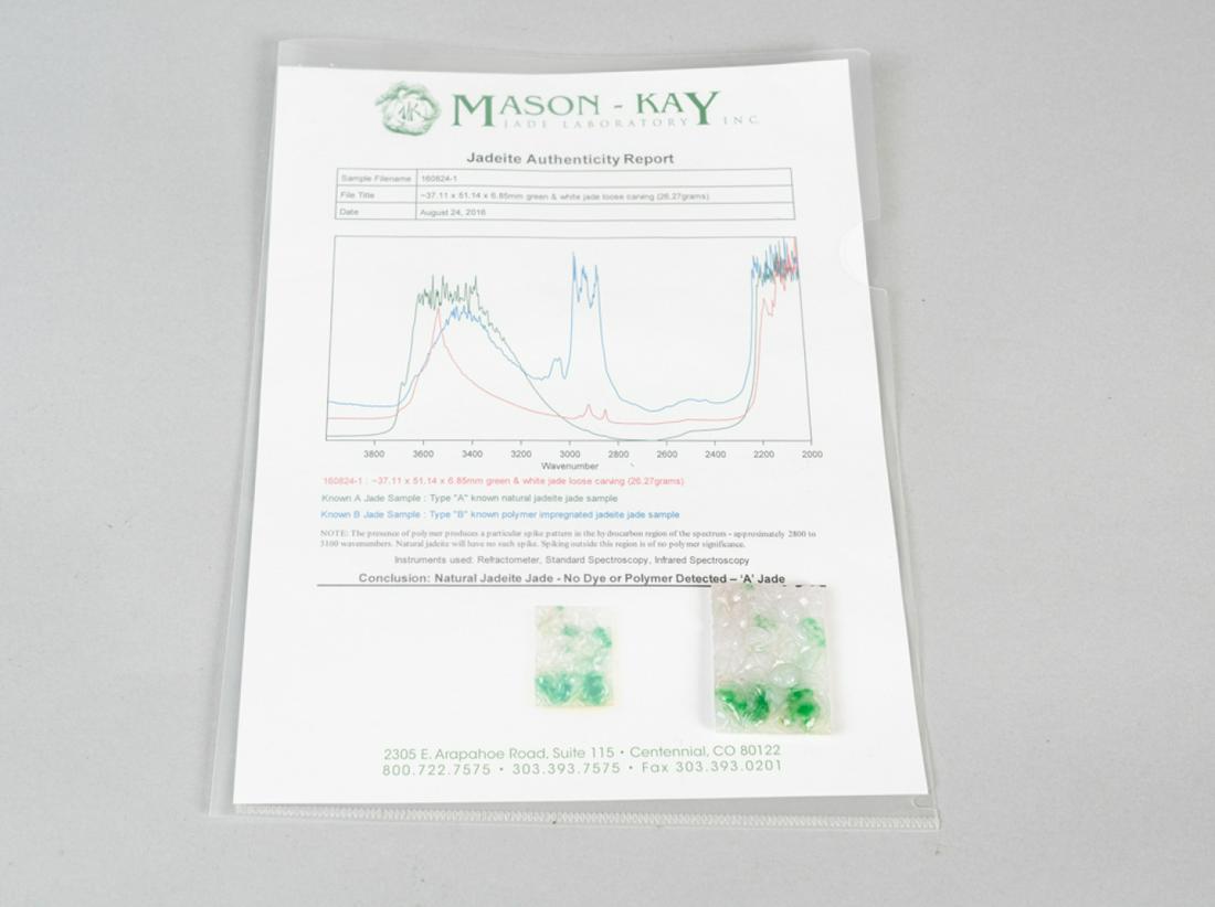 A Type Chinese Green and White Jadeite Carved Pendant: Chinese Green and White Jadeite Carved Pendant with Authenticity Report from Mason - Kay. A-type Jadeite . 14 x 6.85 mm. , 26.27 grams.