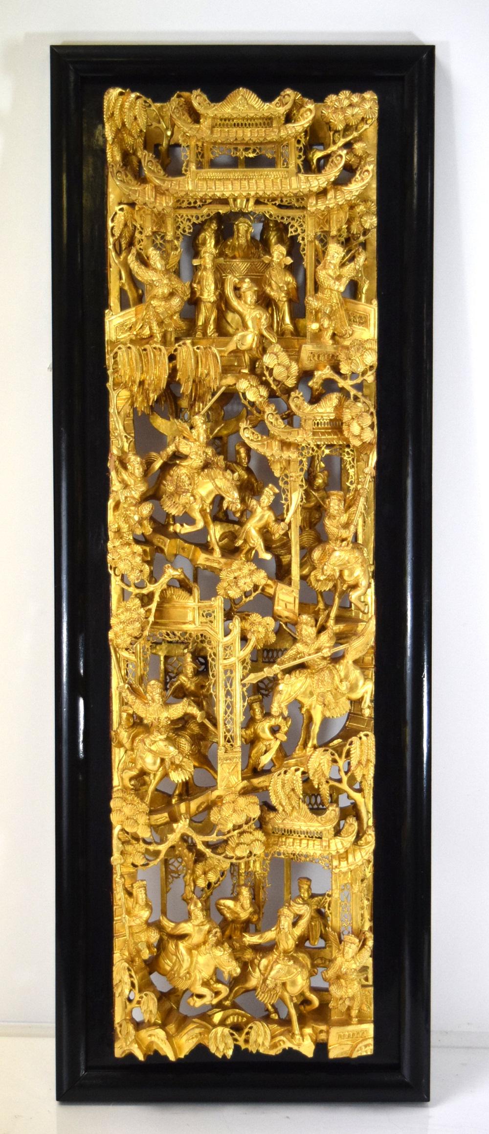 Very Elaborate 19th C. Chinese Gold Gilt Wood Carving: Very Elaborate 19th C. Chinese Gold Gilt Wood Carving Panel of Warriors with Swords and Polearms. Dimensions: 33.5" x 12".