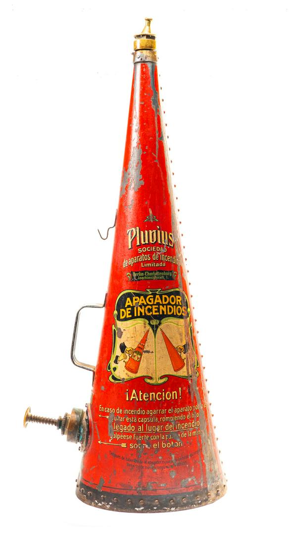 Antique stunning German for Mexican market cone shaped: Very unusual cone shaped metal fire extinguisher for Mexican market. Complete with Spanish language instructions applied. 30.75" high