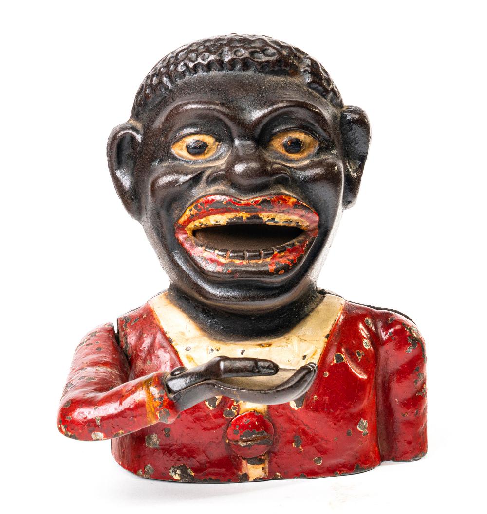 Jolly N. - Solid Eyes Iron Mechanical Bank: Chamberlin & Hill Ltd Jolly N. - Solid Eyes Iron Mechanical BankChamberlin & Hill Ltd. English - Circa 1920. Made of Cast Iron. The Solid Eyes version is scarce.