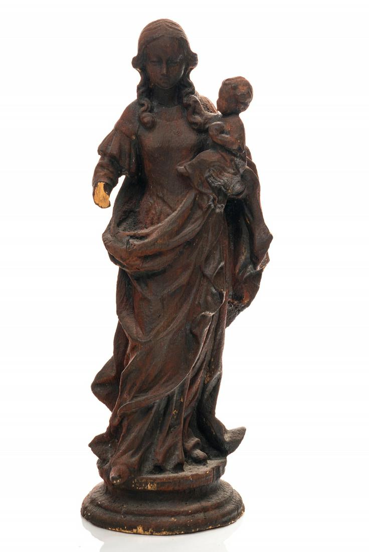 Antique Italian wood carved statue of Madonna and child: Very fine antique wood carving Catholic Madonna statue. Old patina, great details. 17" high