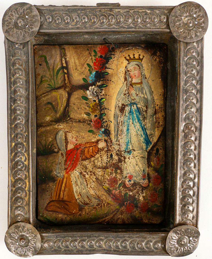 Antique Spanish Colonial retablo on tin of St Bernadett: Early Spanish/Mexican retablo in fine original frame. Nice original condition. Dimensions: 12.5" x 10".This image is of Saint Bernadette Soubirous praying before Our Lady of Lourdes