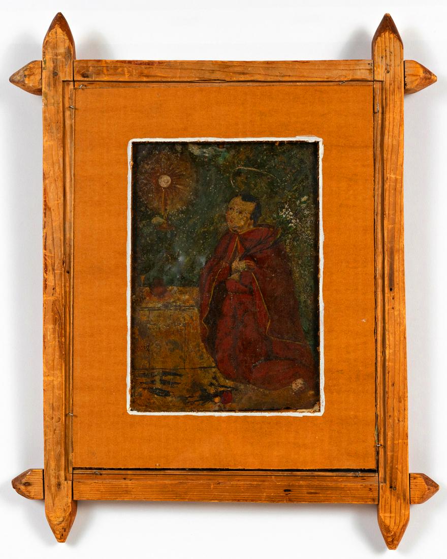 Antique Spanish Colonial retablo of Saint in original: Early Colonial retablo on tin of Saint. Hand made period frame.Dimensions: 19.5" x 15.5"