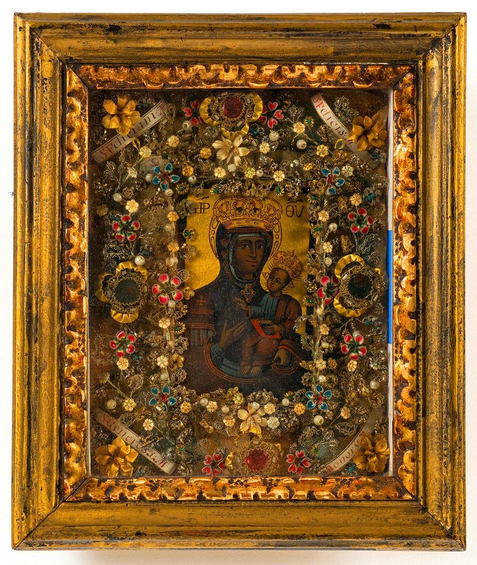 Antique 19th Century Spanish Colonial icon/retablo of: Antique 19th Century Spanish Colonial icon/retablo of Madonna and Child Jesus surrounded by intricate hand made flower ornamentImage size 4" x 2.5". Art work is 5 1/2" x 7". Very good condition.