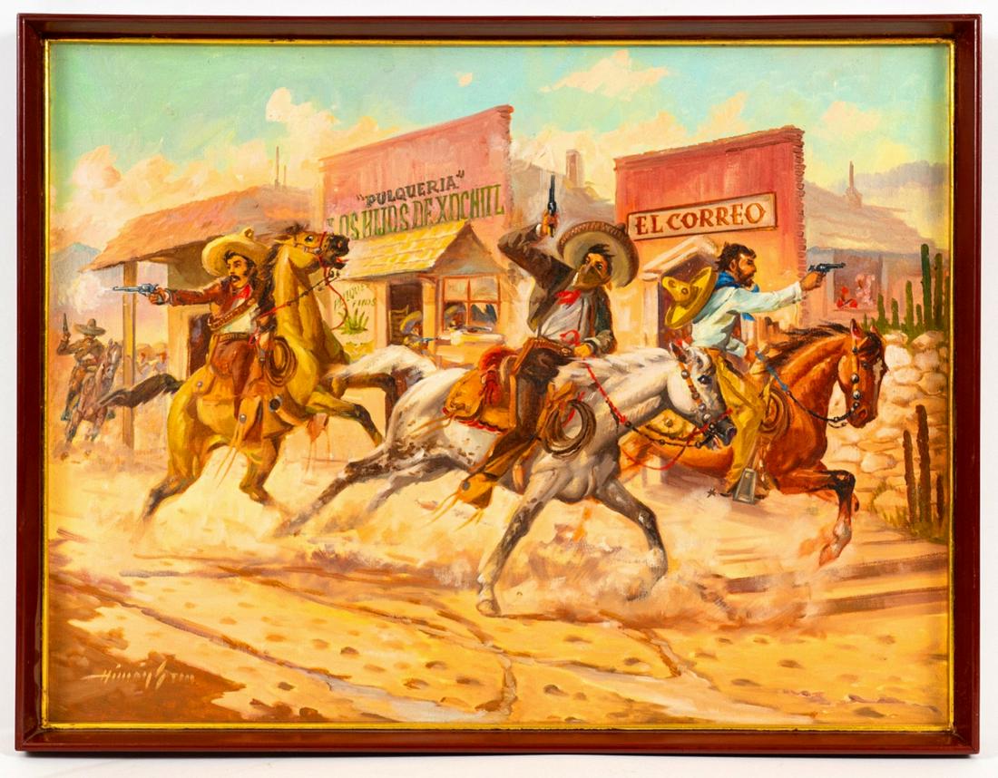 Vintage Mexican oil on canvas painting of three bandits: Vintage Mexican oil on canvas painting of three bandits with guns. Signed. Old oil on canvas painting of three Mexican bandits on horses. signed left low corner. 23" x 17 2/4". Provenance - Robert (Bo
