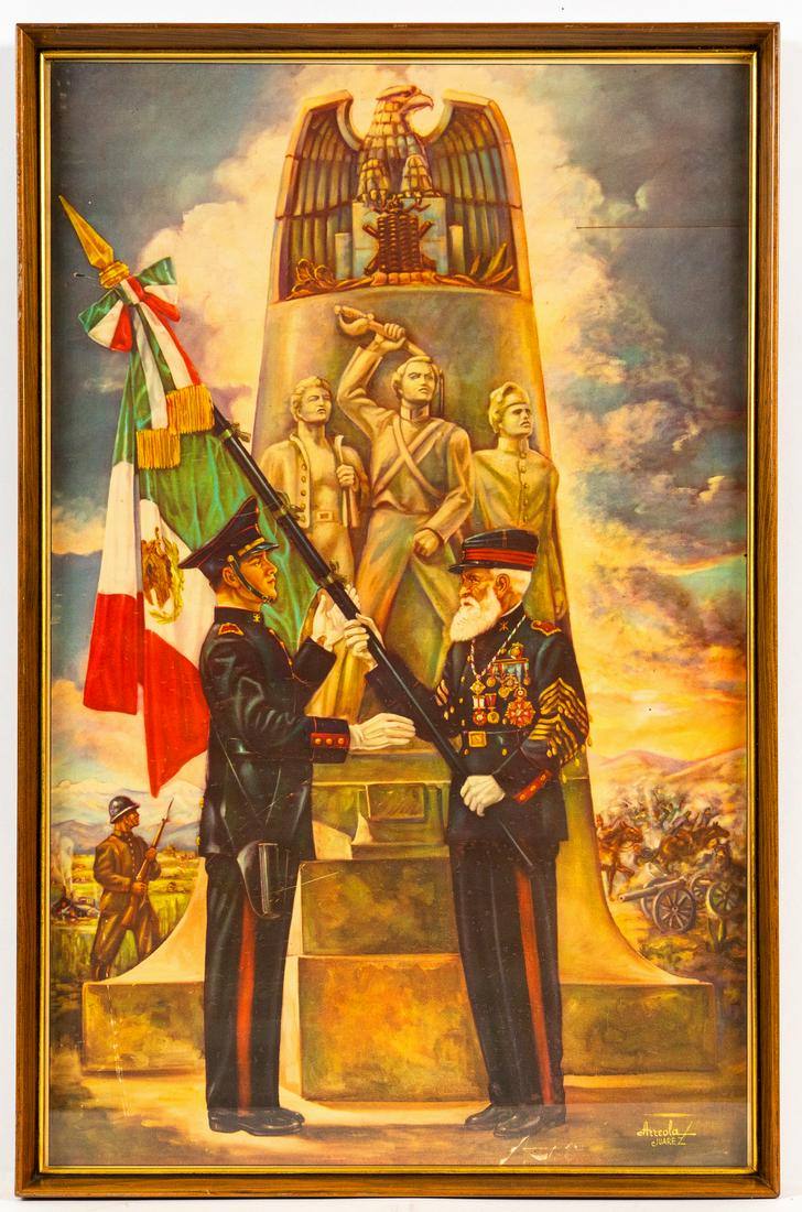 Antique Mexican patriotic poster by Arreola Juarez.: Framed antique Mexican patriotic poster of high rank officer holding the flag to the soldier. 29 3/4" x 19 2/4". Provenance - Robert (Bob) N. Green began collecting in the NYC area inn the 1950s. Orig