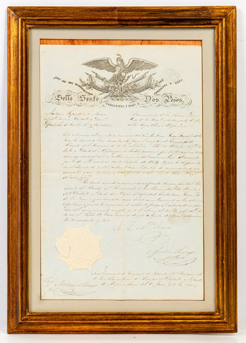 Handwritten Document signed by Antonio Lopez de Santa: Handwritten Document signed by Antonio Lopez de Santa Anna. Dated 1833. Document signed and dated by 8th President of the United Mexican states Antonio Lopez de Santa Anna. Framed. Dimensions: 22.25 x