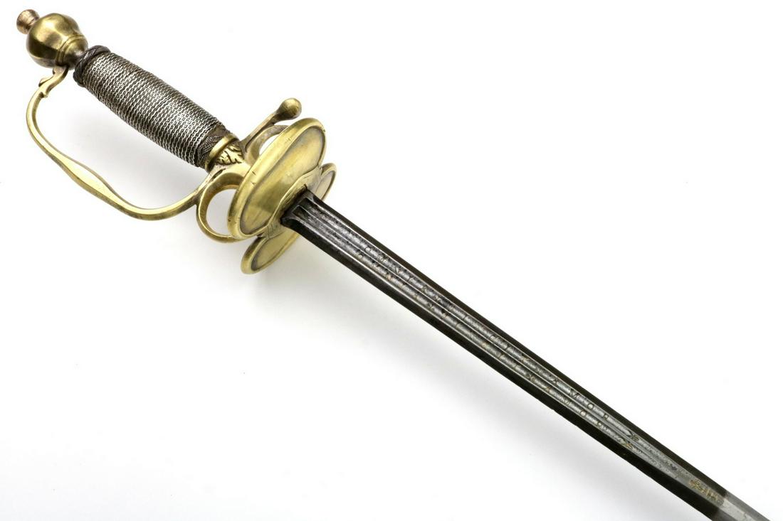 A Good 18th C. Officer's Rapier Sword with a 17th C.: Very nice example of the European officer's rapier dating from early to mid 1700s and most definitely used through the times of American Revolution. With its brass hilt mounts and silver wire grip. Mo