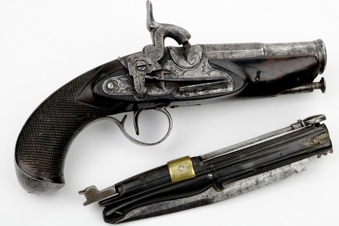 Rare Set of 18th-19th C. Spanish Pistol + Navaja: Pistol probably converted from a flint-lock, overall of good quality and in working order. Navaja with bull horn grip, a large curved needle for cleaning the touch-hole of the pistol and a special too