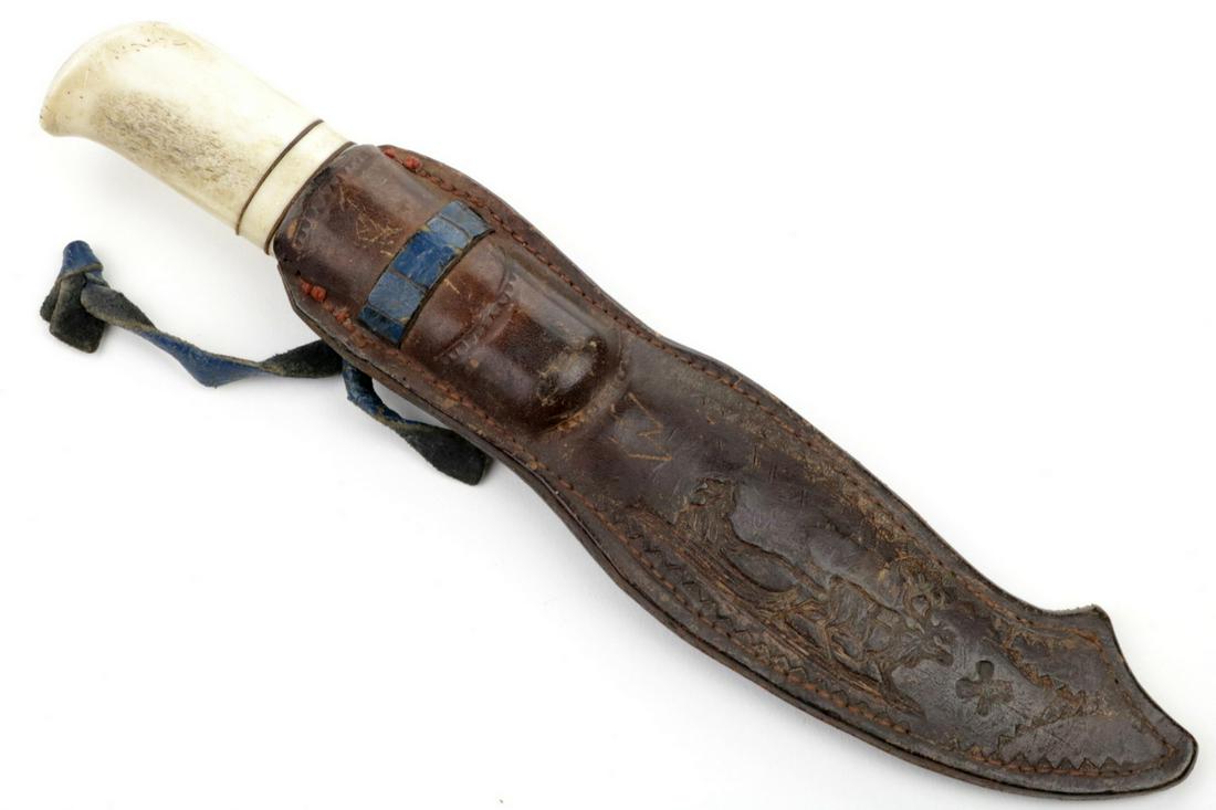 Nice Antique Scandinavian Finnish or Swedish PUUKKO: Nice Antique Scandinavian Finnish or Swedish PUUKKO Hunting/Fishing Knife with Engraved Blade and Bone Grip. Total Length (inside scabbard if present) : 9 1/2", Blade Length : 4 1/2"
