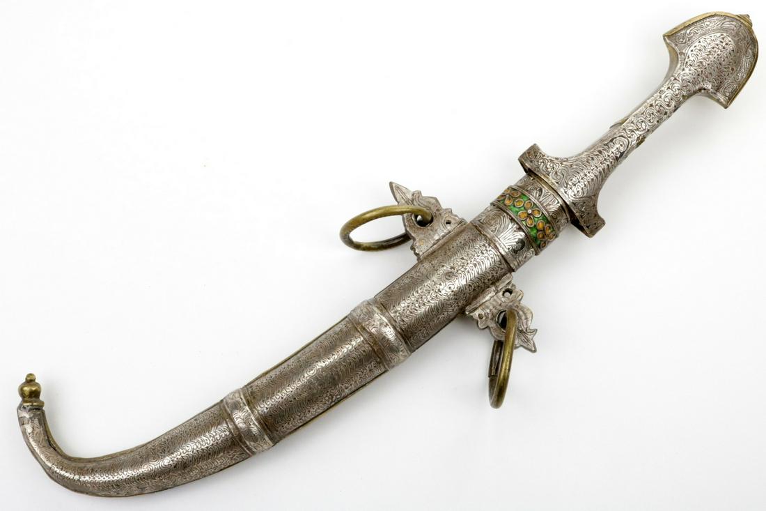 A Very Fine 19th C. Islamic Arabic Silver & Enamel: A Very Fine 19th C. Islamic Arabic Silver & Enamel mounted KOUMIYA Dagger. Total Length (inside scabbard if present) : 15 3/4", Blade Length : 8 3/4"