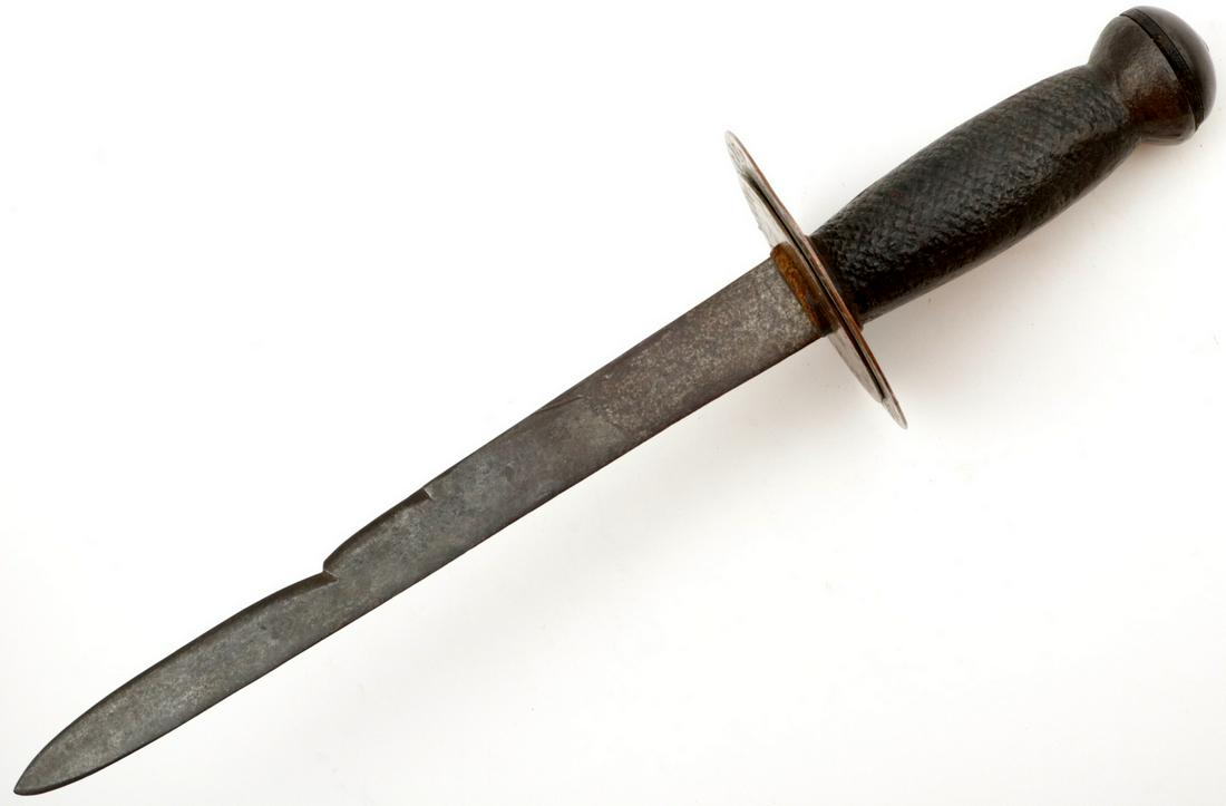 A Very Unusual Home Made 19th C. Dagger Bowie Knife: A Very Unusual Home Made 19th C. Dagger Bowie Knife with a Spirit Alphabet Board Guard. Heavy solid iron grip, huge copper guard consisting of two discs with alphabet for talking to spirits. A Strong 