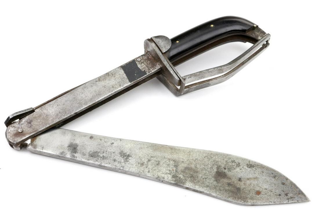 A Very Nice 19th C. Switch-Blade Folding Sword / Bowie: A Very Cool 19th C. Switch-Blade Folding Sword / Bowie Knife, English or French. With steel mounts and spring, ebony grips, the massive robust blade is released by pressing down on the steel trigger o