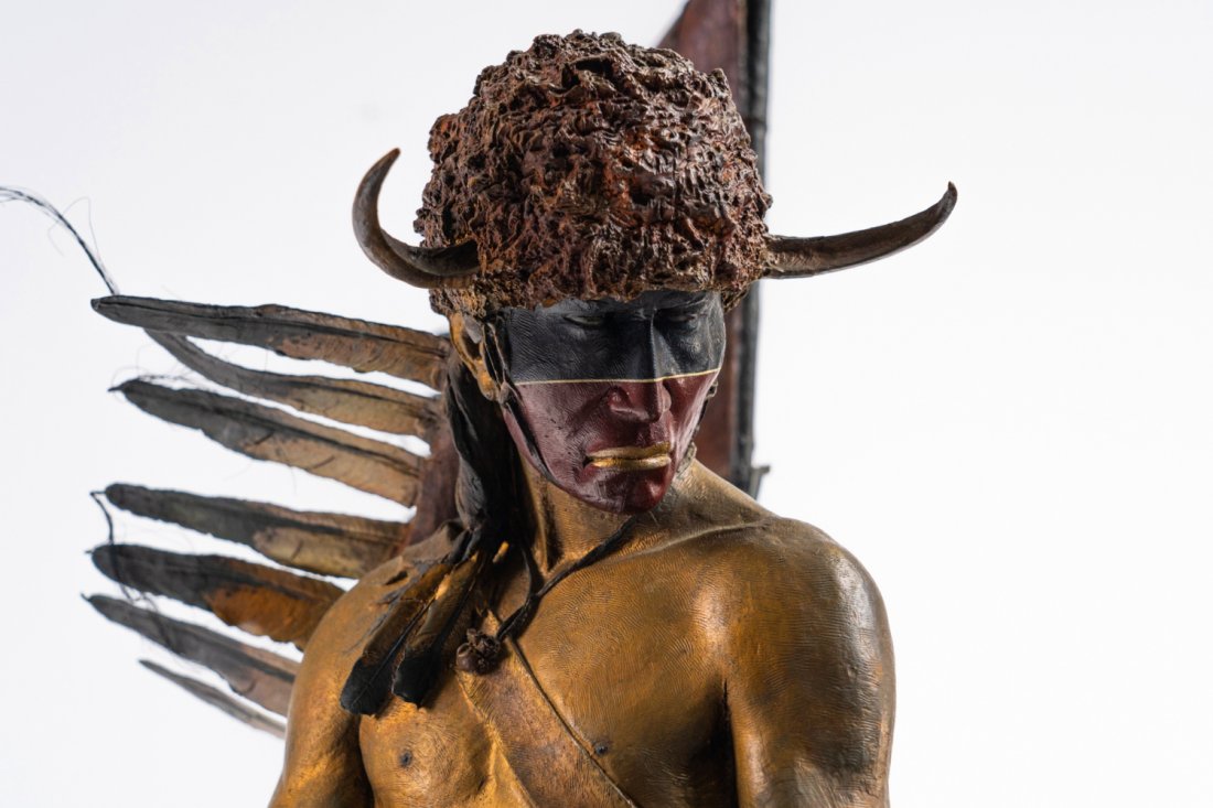Fantastic Dave McGary, "Stand of the Strong Heart": Fantastic Dave McGary, "Stand of the Strong Heart" Large Bronze Figure of an American Indian Warrior in Buffalo Hat armed with a Bow & Arrows and a Shield. A truly Spectacular monumental piece with ex