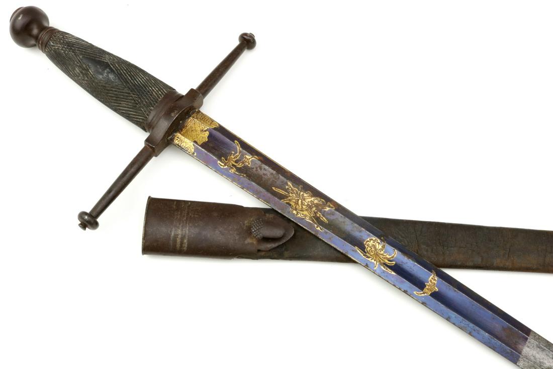 Unusual 18th-19th C. French or English Broad Sword: Unusual 18th-19th C. French or English Broad Sword.Good early Officer's sword with iron hilt and scabbard mounts and carved ebony grip. Mounted with a straight large fullered double edged blade retain