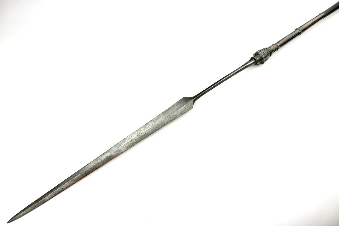 Rare & Fine 19th C. Asian Burmese Silver Mounted Long: Rare & Fine 19th C. Asian Burmese Silver Mounted Long Spear. Total Length - 109 1/4", Blade Length - 26"
