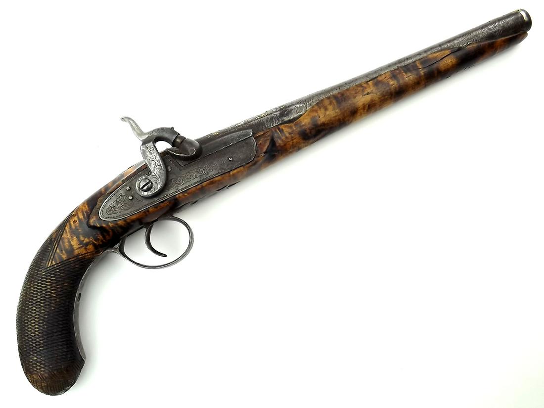 Early 18th-19th C. Russian Circasian or Persian Pistol.: Early 18th-19th C. Russian Circasian or Persian Pistol. With its two-tone wood stock typical to Caucasian pistols, Damascus steel barrel with gold and silver koftgari work including Islamic script. An