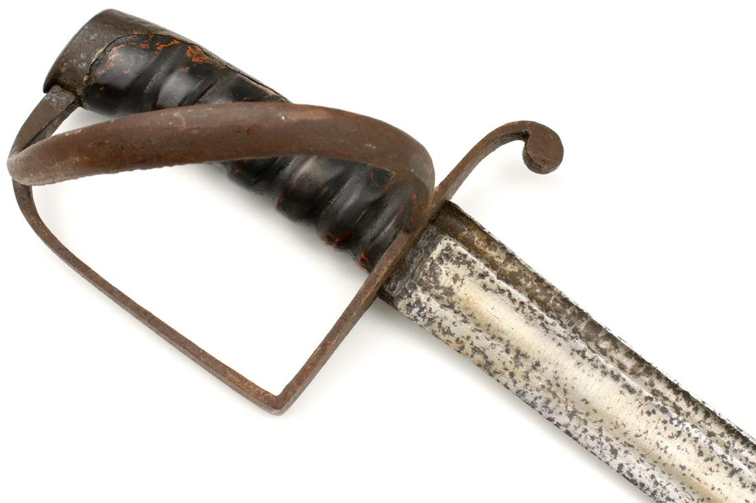 American Revolution era Cavalry Troopers Sword with: American Revolution era Cavalry Troopers Sword with iron hilt mounts. Total length (inside scabbard if present) : 39 1/4"Blade length : 34 1/4"