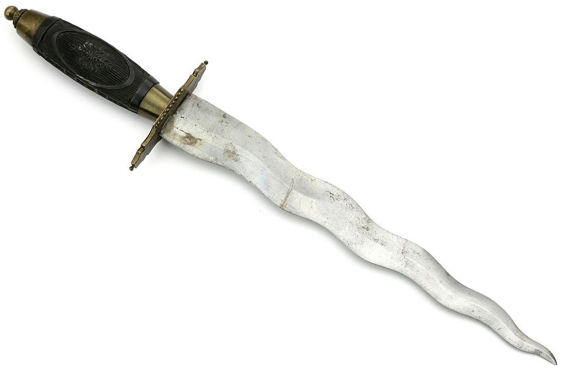 Interesting Unusual 19th C. Flamboyant Dagger with Fine: Interesting Unusual 19th C. Flamboyant Dagger with Fine Carved Horn Grip. Total Length (inside scabbard if present) - 13 1/2", Blade Length - 9"